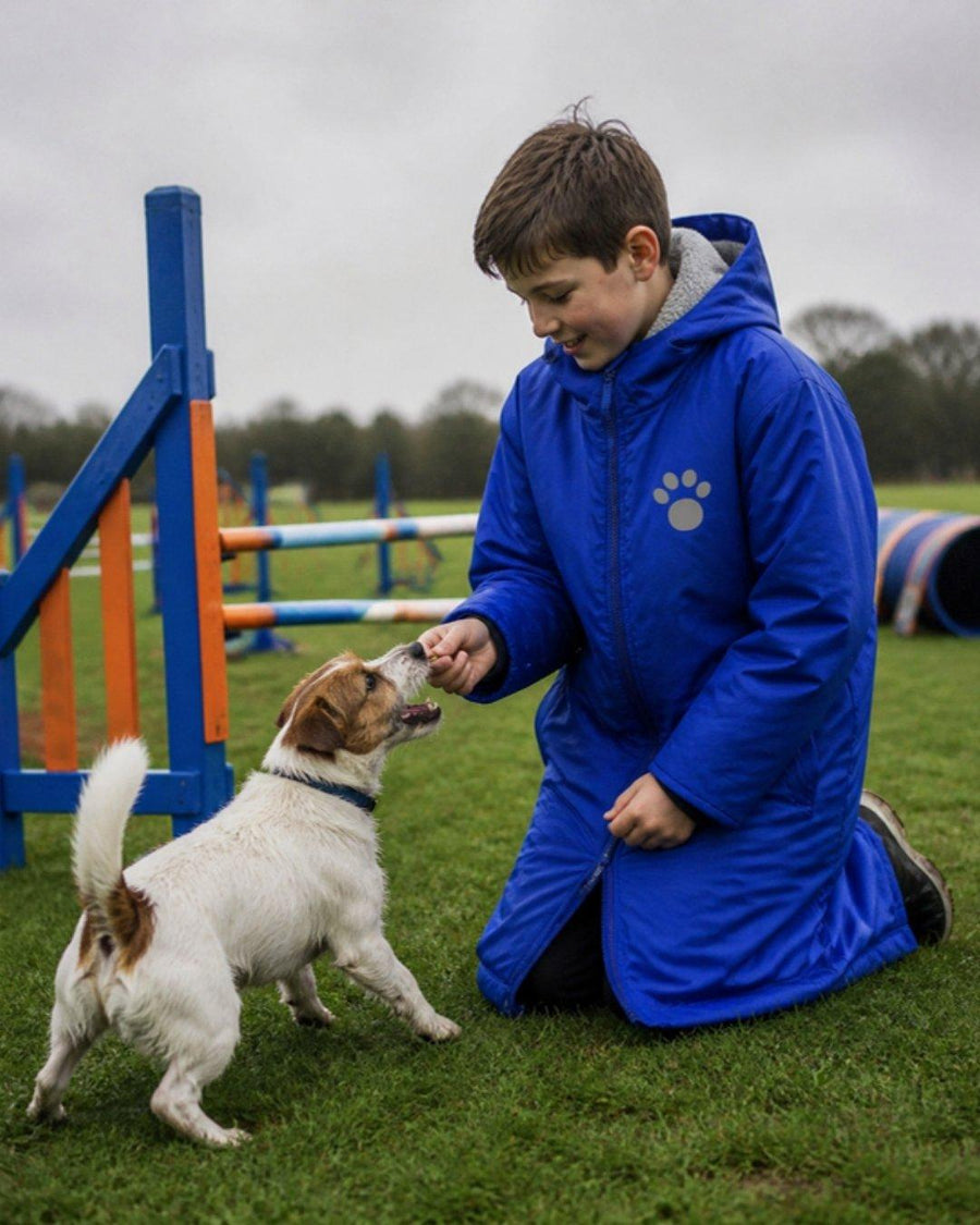 Boy in the royal blue kids Pooch robe at junior agility with a Jack Russell