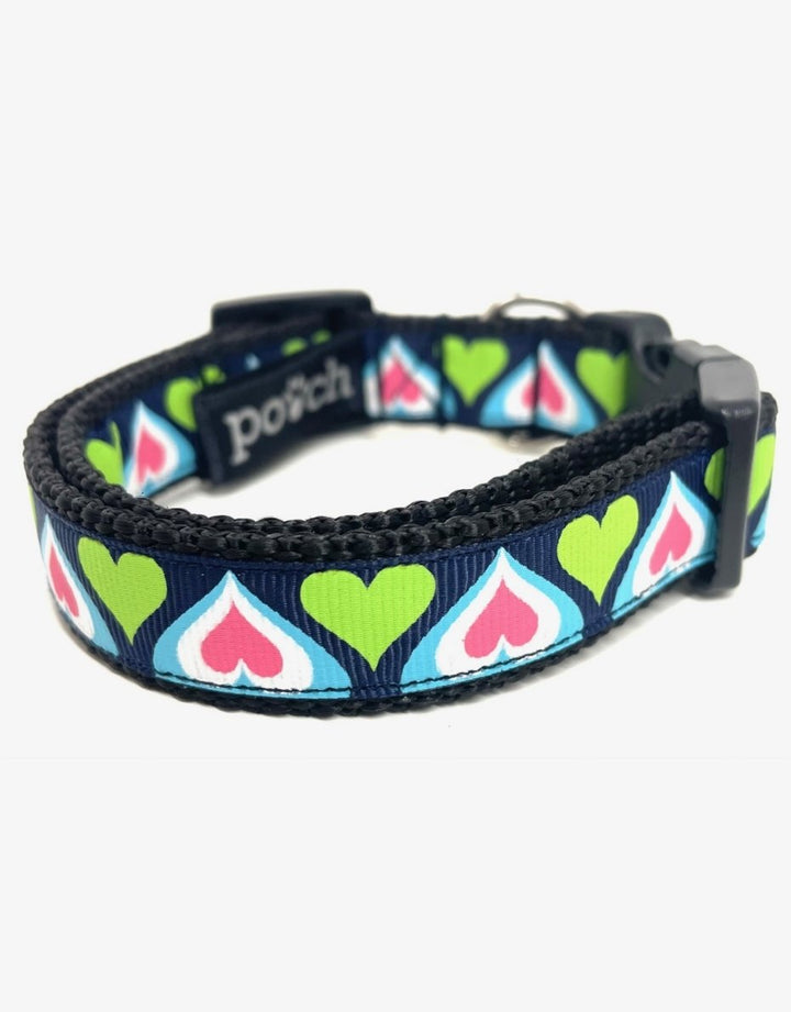 Dark Blue Hearts Dog Collar - Pooch-COL-DBH-3637-S