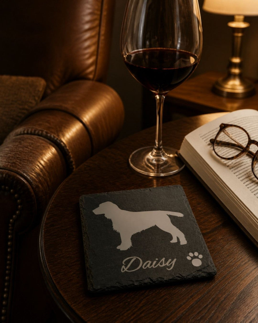 Personalised Cocker Spaniel slate coaster on a side table with a glass of red wine