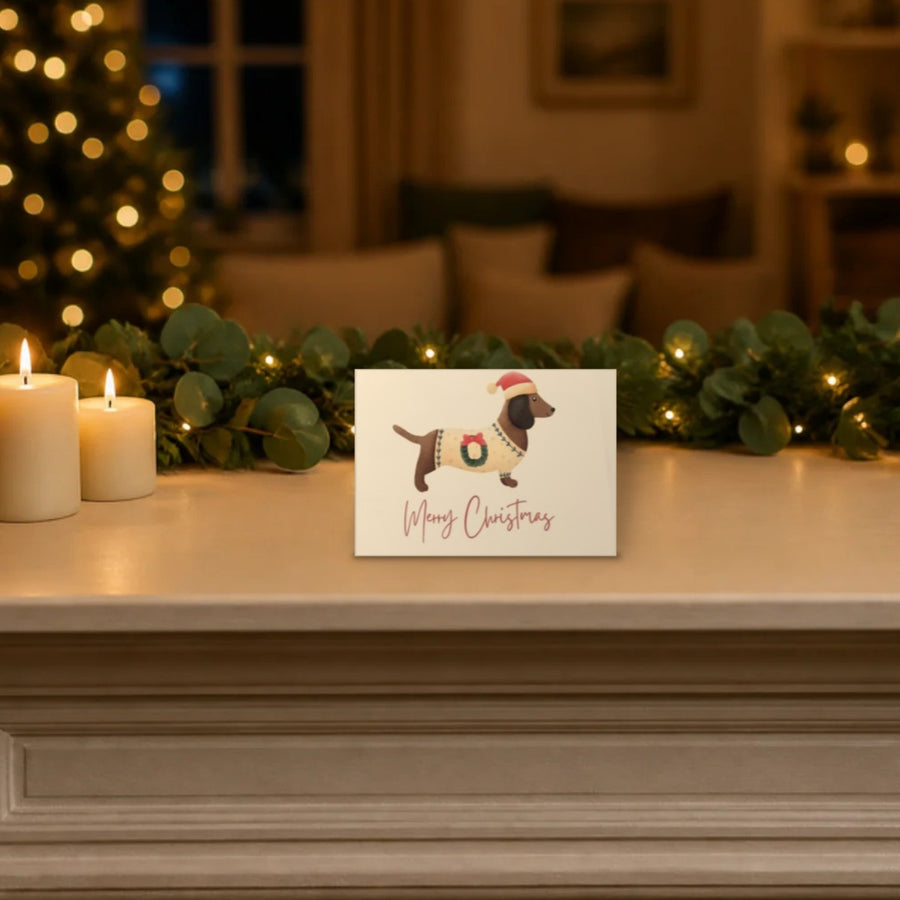 Landscape Dachshund in a Christmas jumper card standing on a festive mantelpiece, shown at its real 7 x 5 inch size