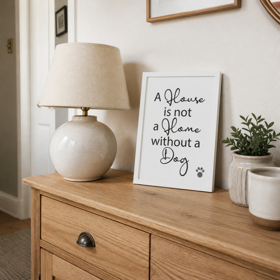 A House Is Not A Home Without A Dog print in a small A4 white frame on an oak sideboard beside a lamp