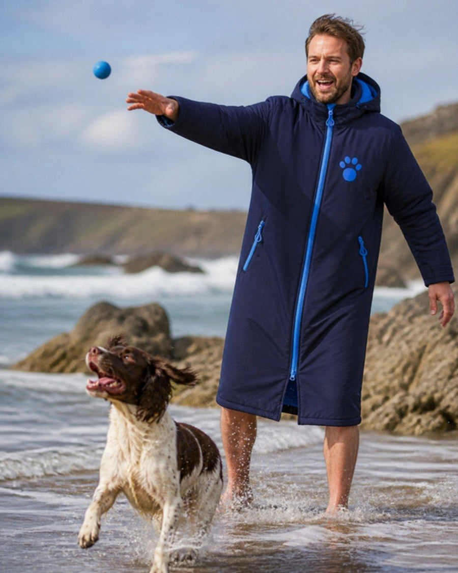Navy and royal Pooch All Season Robe on the beach