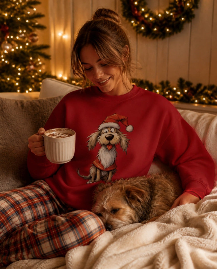 Woman wearing the Santa Paws Christmas Jumper on the sofa with hot chocolate and her dog