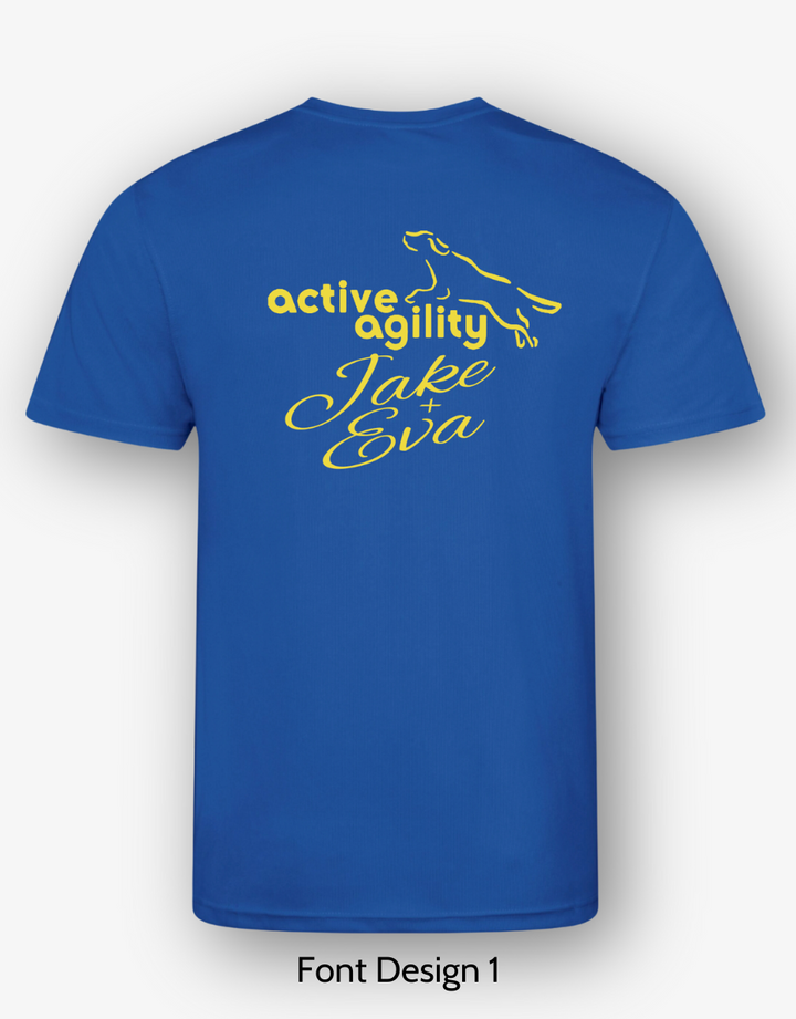 Royal blue Active Agility T-shirt with personalized font Design 1 on back.