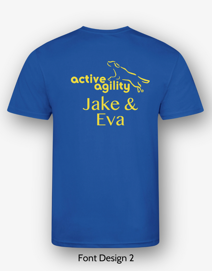 Royal blue Active Agility T-shirt with yellow logo and personalized text.
