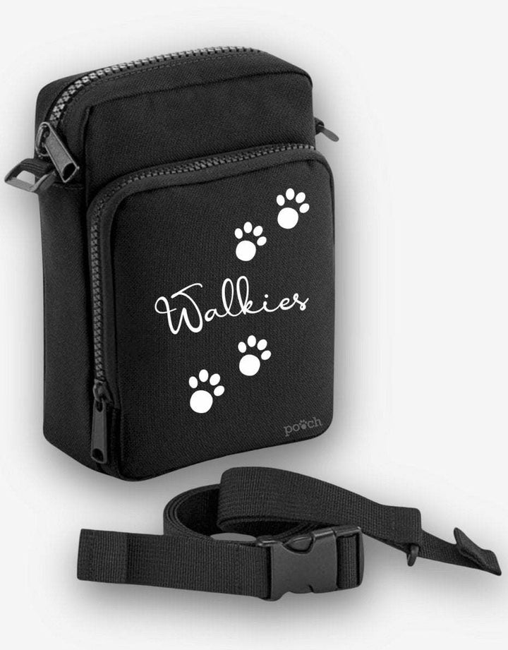 Black Walkies Dog Walking Bag with adjustable strap and paw print design.