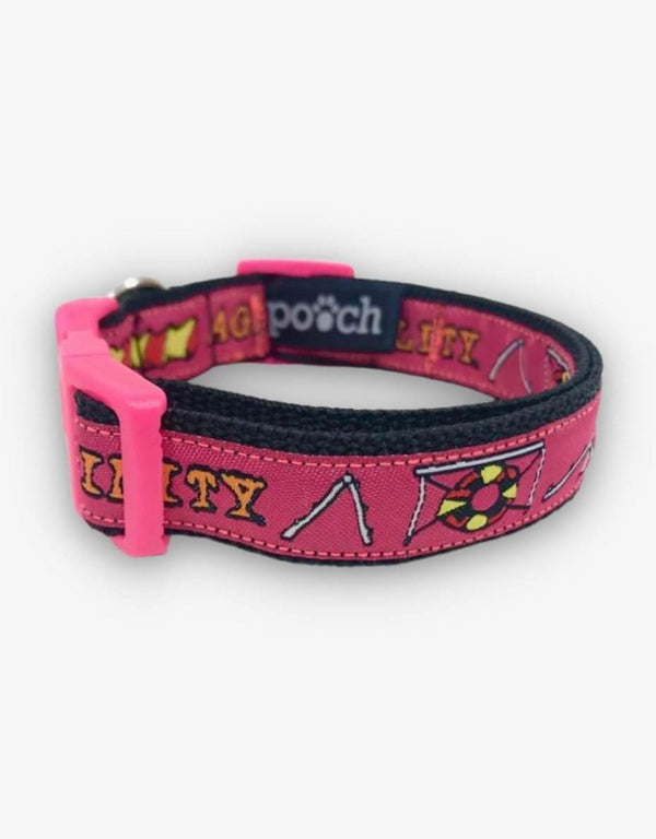Pink dog collar with agility sports designs, featuring a robust plastic clip and steel D-ring for durability.