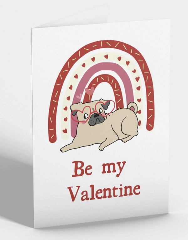 Valentine's Day card with pug illustration wearing heart-shaped glasses, text "Be my Valentine."