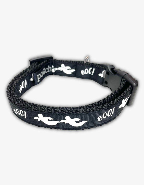 Boo Halloween Dog Collar with black fabric, white ghosts, and "Boo" text.