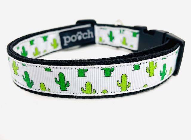 Cactus Dog Collar with playful cactus design, durable stainless steel D-ring, and robust clip.