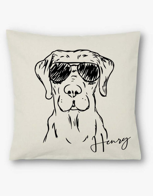 Personalised Labrador cushion with sleek silhouette and custom name on natural canvas background. Ideal for dog lovers.