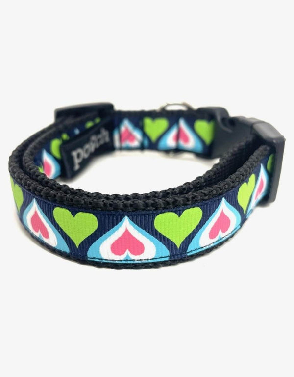 Dark Blue Hearts Dog Collar with adjustable design and vibrant heart pattern.