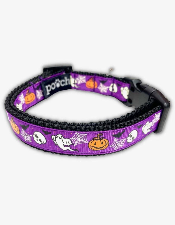 Purple Halloween dog collar with pumpkins, ghosts, spiders, bats, and skulls design.