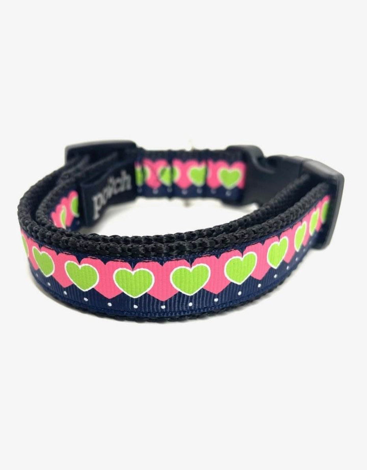 Hearts Dog Collar with colorful heart pattern, adjustable and durable.