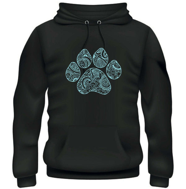 Mandala dog paw print hoodie with unique design for dog lovers, soft cotton-polyester blend, available in multiple sizes.