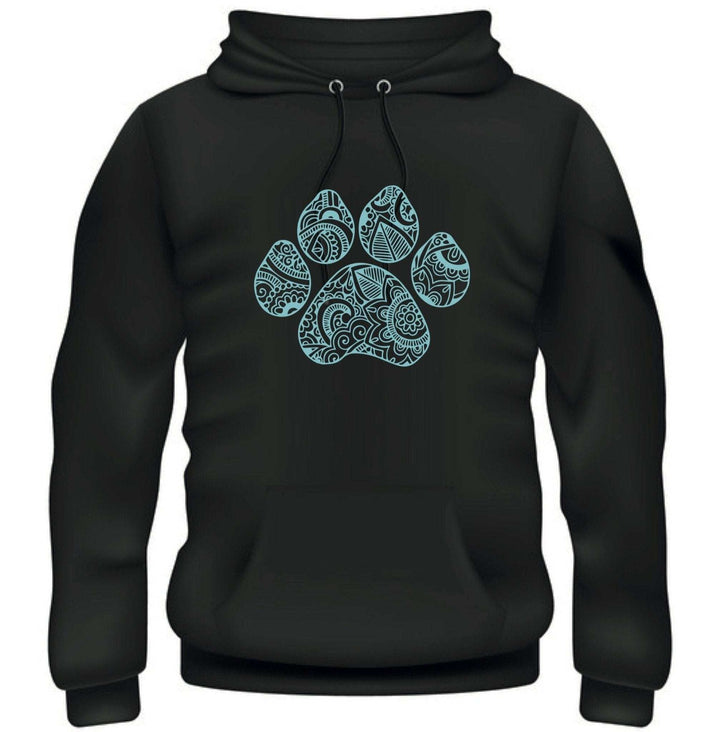 Mandala dog paw print hoodie with unique design for dog lovers, soft cotton-polyester blend, available in multiple sizes.
