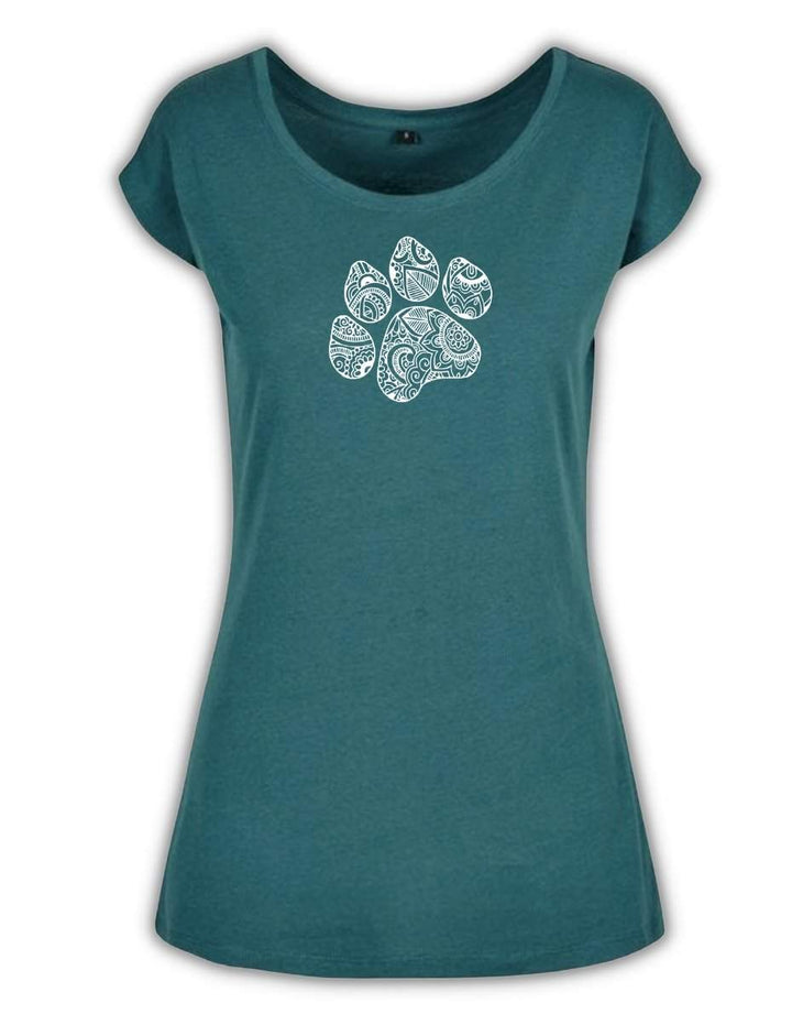 Mandala dog paw print dog themed women's t-shirt in teal with artistic design.