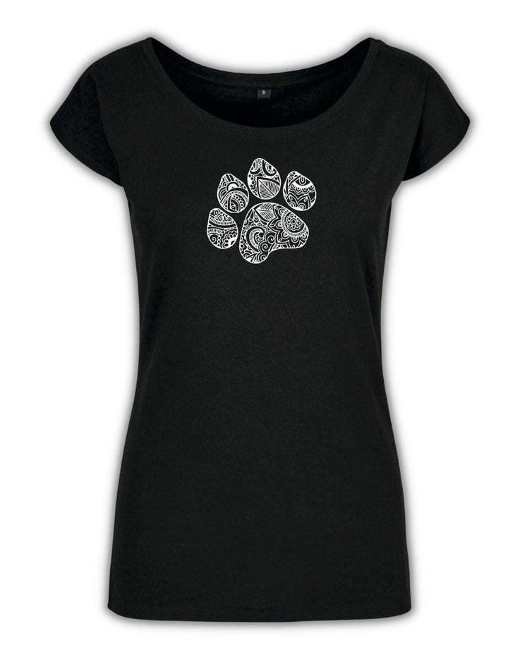 Mandala Dog Paw Print dog themed women's T-Shirt in black with intricate mandala design, semi-fitted style for dog lovers.