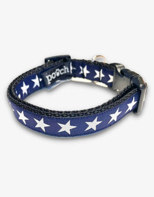 Navy Star Dog Collar with star pattern and durable clip.