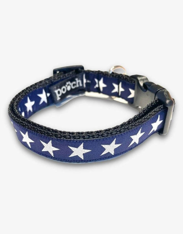 Navy Star Dog Collar with star pattern and durable clip.