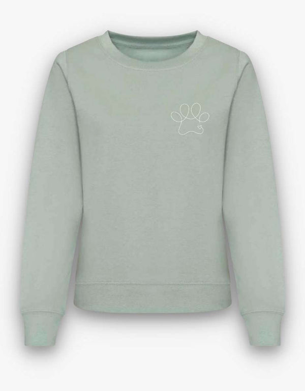 Dog lovers' sweatshirt with paw print design in dusty green.