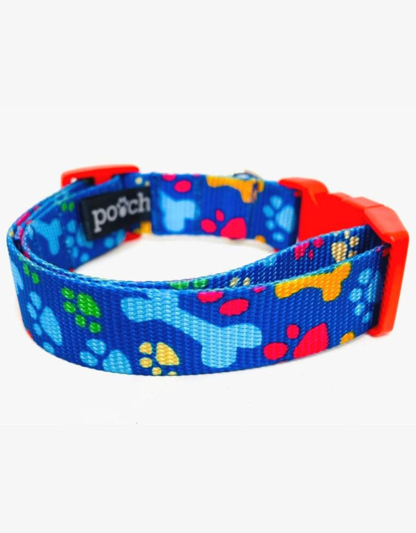 Handmade bones dog collar with paw prints and durable webbing.