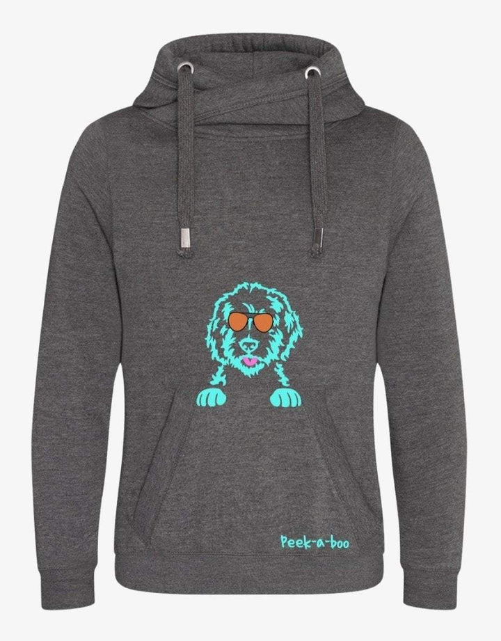 Peek-a-Boo Labradoodle Hoodie with crossover neck, featuring a blue Labradoodle and rose gold sunglasses design.