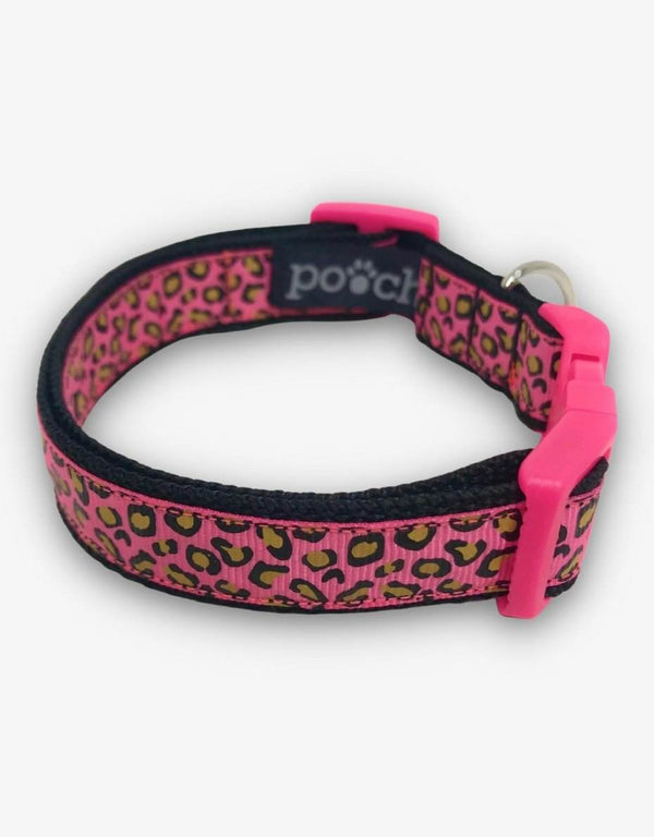 Pink leopard print dog collar with adjustable design and durable clip.