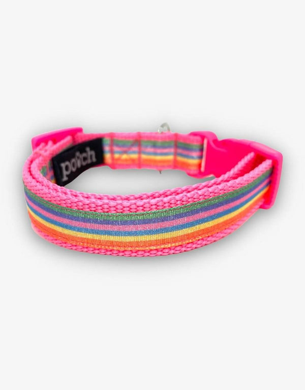 Pink rainbow dog collar with colorful stripes, handmade in the UK.