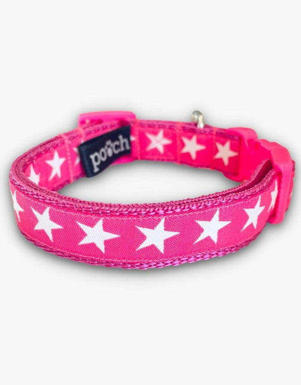 Pink Star Dog Collar with white stars, adjustable and durable design.