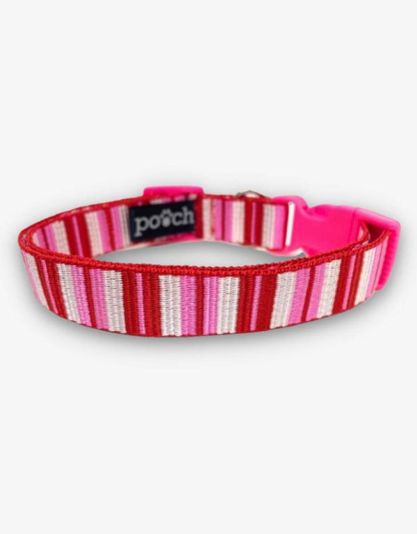 Pink stripe adjustable dog collar with durable clip and stainless steel D-rings.