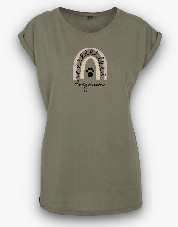 Rainbow Dog Mum T-Shirt with rainbow-toned print, cotton blend, olive color.