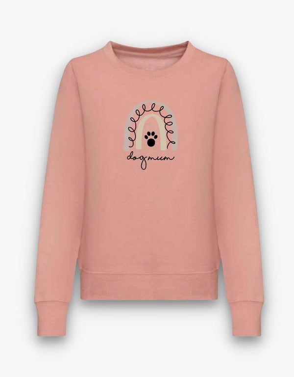 Rainbow Dog Mum Sweatshirt in Dusty Pink with rainbow design and "Dog Mum" text.