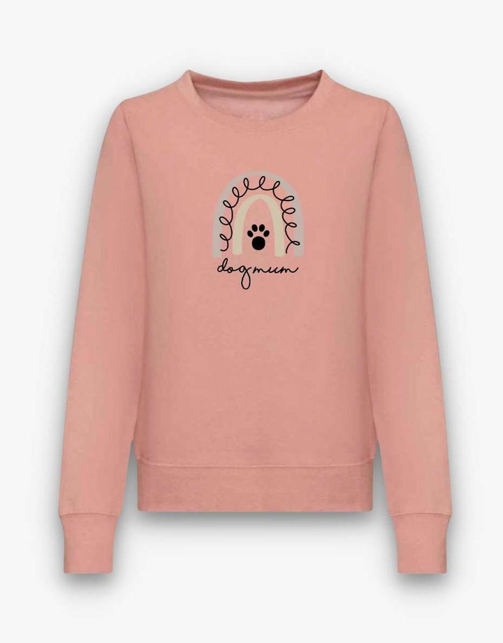 Rainbow Dog Mum Sweatshirt in Dusty Pink with rainbow design and "Dog Mum" text.