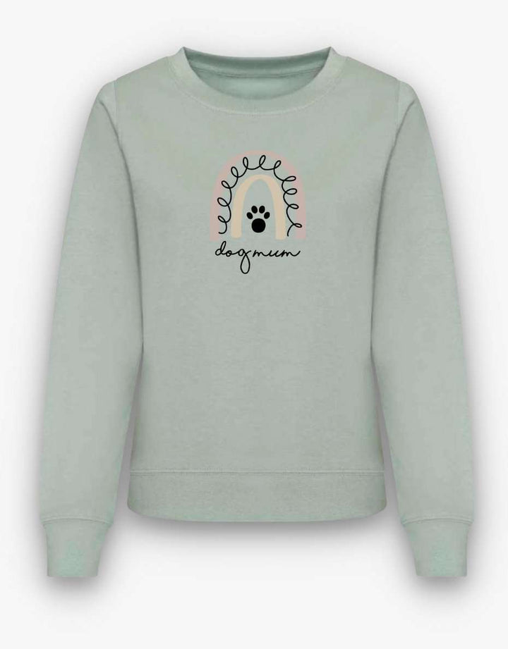 Rainbow Dog Mum Sweatshirt in Dusty Green with rainbow design and "Dog Mum" text.