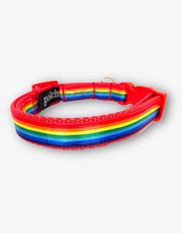 Adjustable rainbow stripe dog collar with red clip and durable stainless steel D-rings.