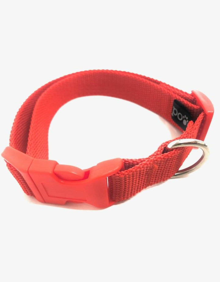 Adjustable red dog collar with durable matching clip and stainless steel D-rings.