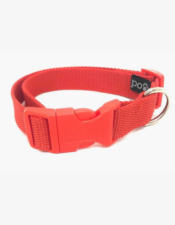 Adjustable red dog collar with durable clip and stainless steel D-rings.