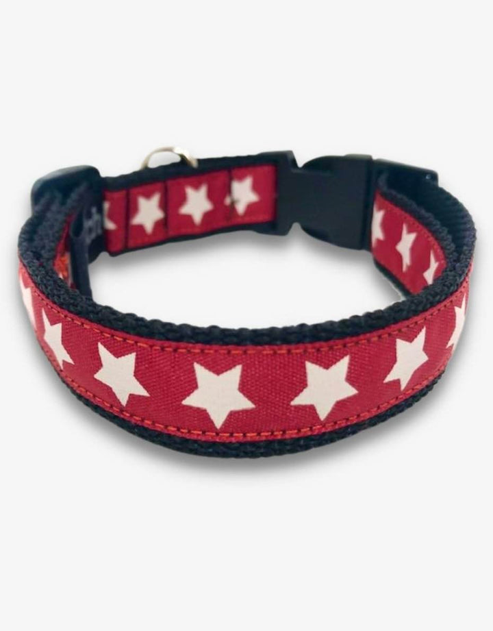 Red Star Dog Collar with white stars, durable design, handmade in the UK.