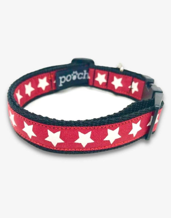 Red Star Dog Collar with white star pattern, durable fabric, stainless steel D-ring, and robust plastic clip, handmade in the UK.