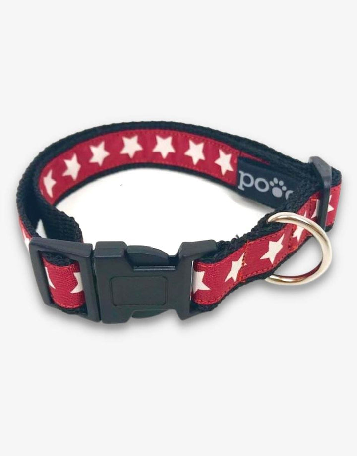 Red Star Dog Collar with stainless steel D-ring and plastic clip design.