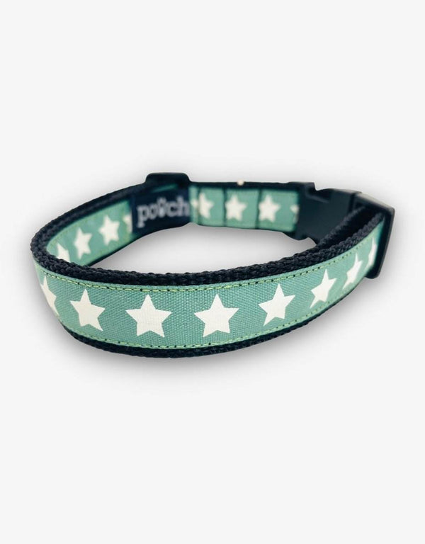 Green Star Dog Collar with unique fabric design and durable clip.