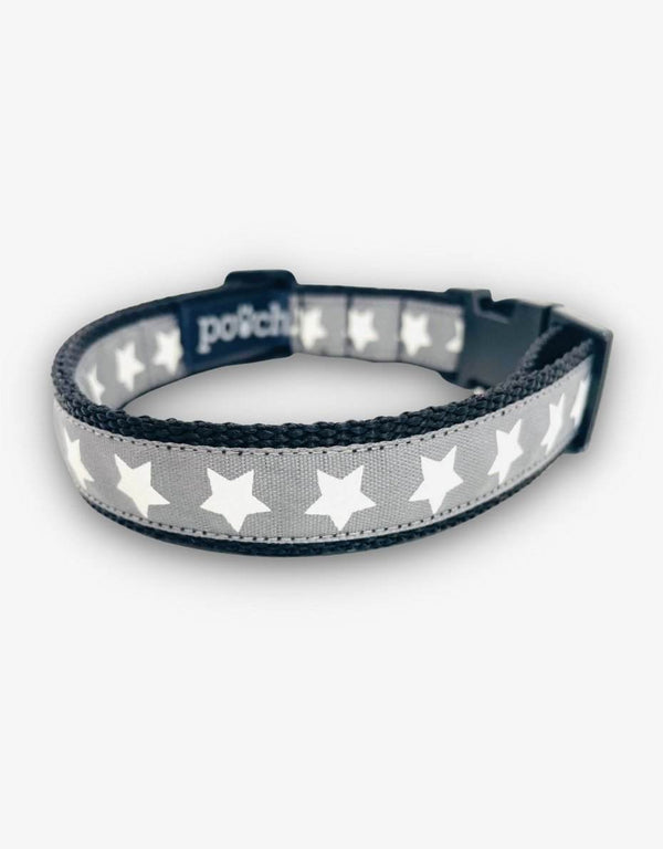 Grey Star Dog Collar with white star pattern, durable design, and stainless steel D-ring.