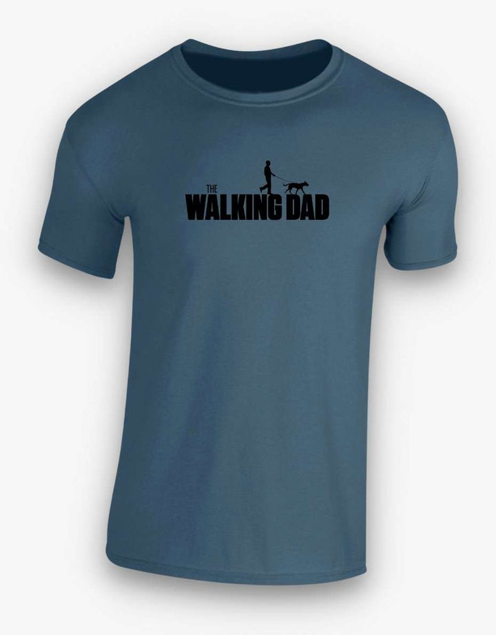 Men's blue "The Walking Dad" T-shirt with a dog walking graphic, ideal Father's Day gift. Perfect for dog dads