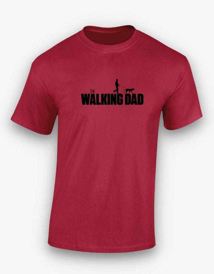 Red men's t-shirt with "The Walking Dad" dog-themed graphic in black, made of premium 100% cotton. Perfect for dog dads