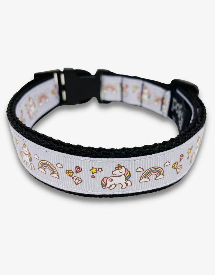 Unicorn and rainbows pastel lilac dog collar with durable fabric and stainless steel D-ring.