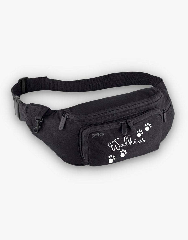Walkies Dog Walking Bum Bag with adjustable belt, multiple zipped pockets, and clip attachment in black with "Walkies" text.
