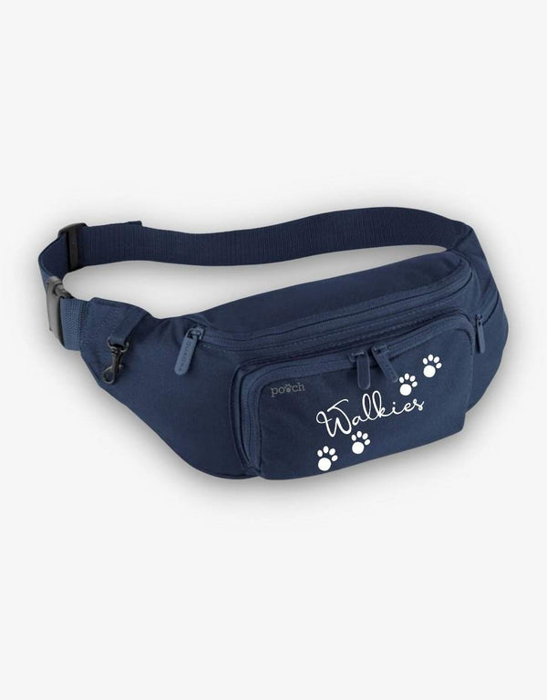 Dog walking bum bag with multiple pockets and adjustable belt in navy blue with "Walkies" text.