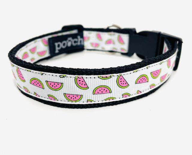 Watermelon Dog Collar with fresh design, stainless steel D-ring, and robust plastic clip, handmade in the UK.