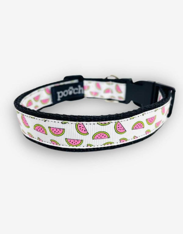 Watermelon Dog Collar with watermelon pattern, stainless steel D-ring, and durable clip.